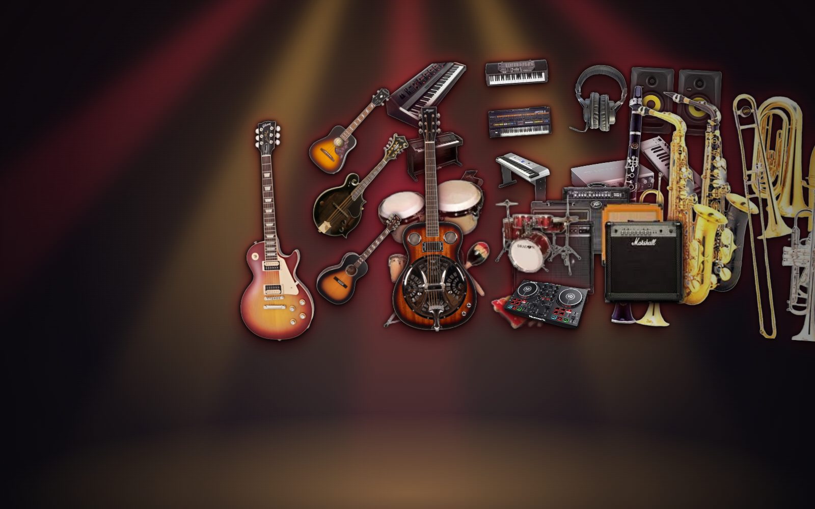 Gitarer, trommer, keyboard, forsterkere, studioutstyr og blåseinstrumenter på scenen